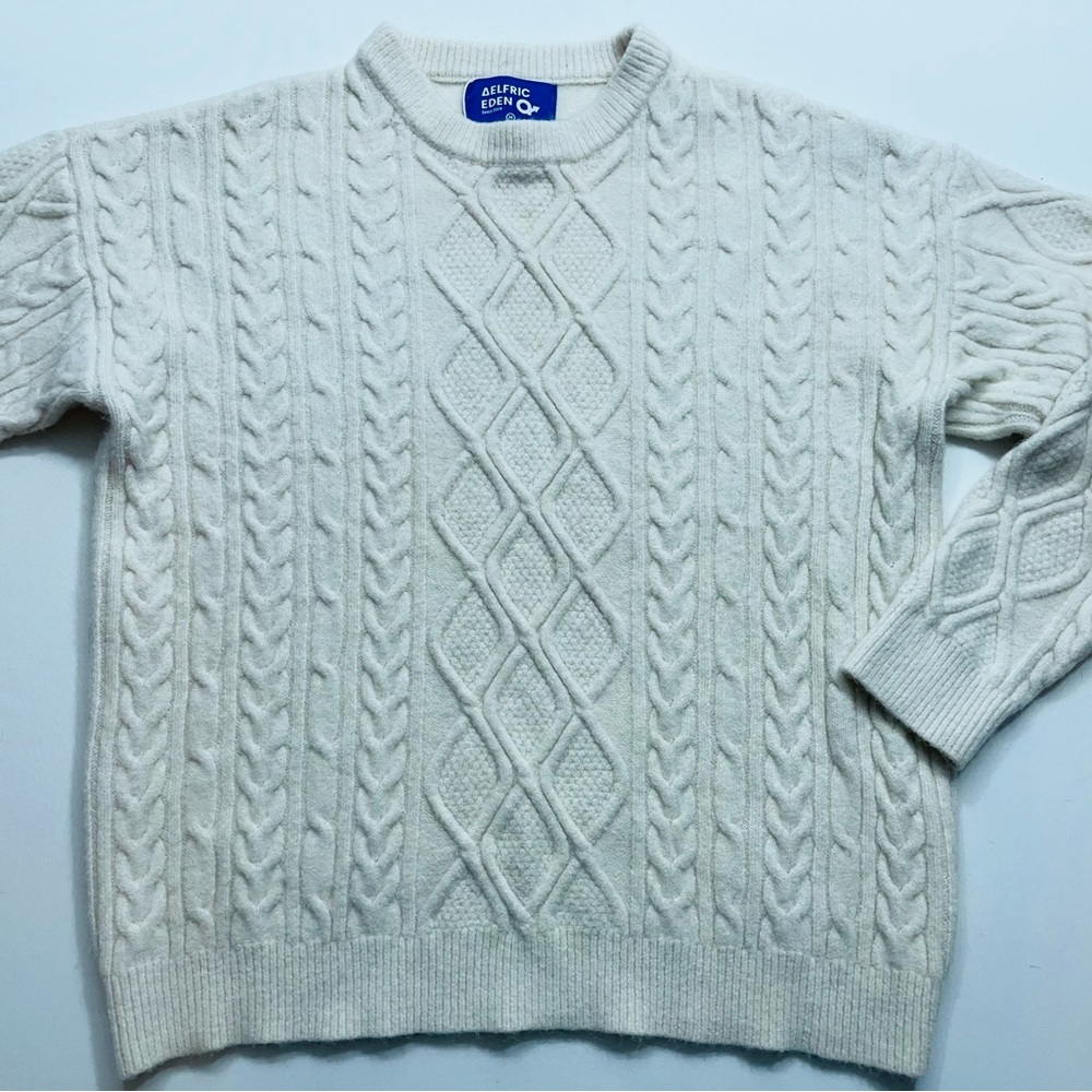 Aelfric Eden Sweater Mens Size Medium Ivory White Cable Knit Fisherman Chunky